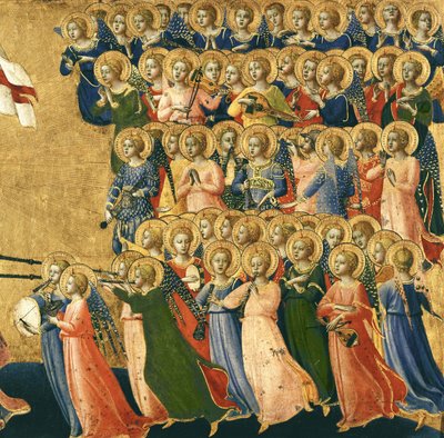 Chrystus uwielbiony na dziedzińcu niebieskim, detal muzykujących aniołów z prawej strony, 1419-35 (tempera na płycie) (detal z 4052) autorstwa Fra Angelico