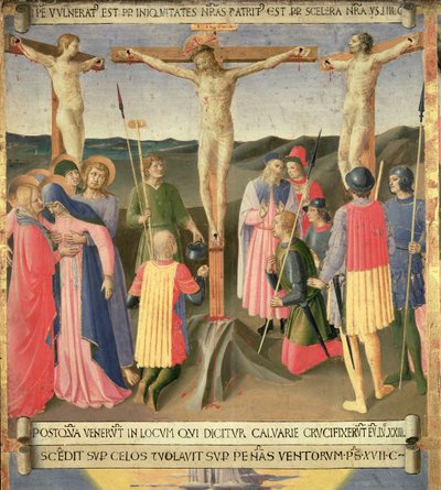 Chrystus na krzyżu między dwoma złodziejami, detal z czwartego panelu Srebrnego Skarbca Santissima Annunziata, ok. 1450-53 (tempera na panelu) autorstwa Fra Angelico