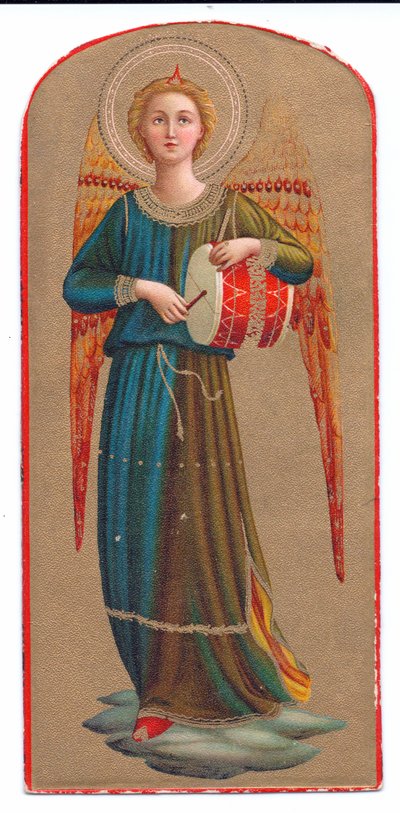 Kolorowy druk litograficzny fra angelico anioł grający na bębnie, ok. 1900 r. 1910 autorstwa Fra Angelico