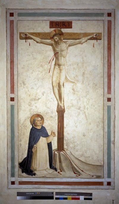 Ukrzyżowanie ze św. Dominikiem. Na krzyżu napis "INRI". Fresk Guido di Pietro autorstwa Fra Angelico