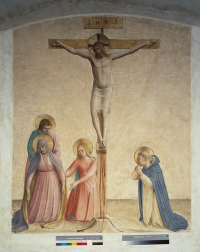 Ukrzyżowanie z Najświętszą Maryją Panną świętym Dominika. Napis „INRI” na krzyżu autorstwa Fra Angelico