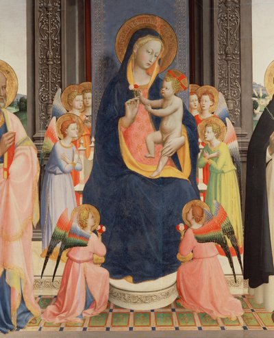 Szczegół z Politico Di San Domenico przedstawiający Dziewicę z Dzieciątkiem na tronie z Ośmioma aniołami, ok. 1422 (tempera na panelu) (patrz także 43912, 238446) autorstwa Fra Angelico
