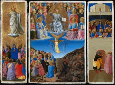 Włoski: Trittico (Ascensione, Giudizio Universale, Pentecoste) Tryptyk przedstawiający Sąd Ostateczny, Wniebowstąpienie i Zesłanie Ducha Świętego. autorstwa Fra Angelico