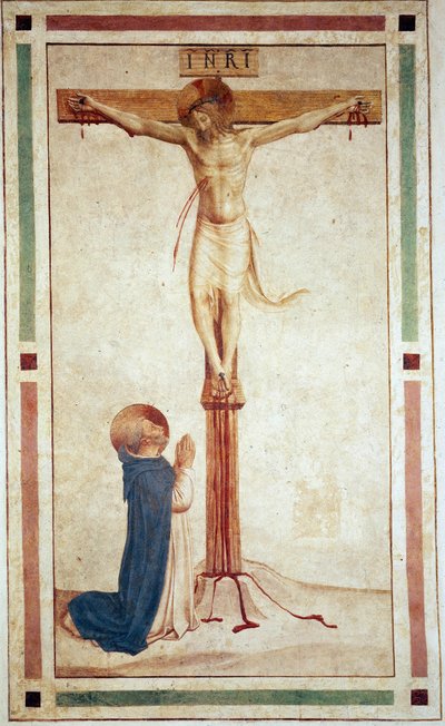 Ukrzyżowanie ze św. Dominikiem. Na krzyżu napis "INRI". Fresk Guido di Pietro autorstwa Fra Angelico