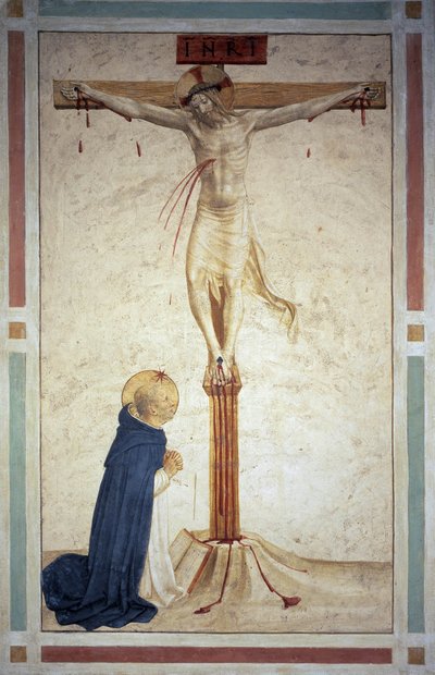 Ukrzyżowanie ze św. Dominikiem. Na krzyżu napis "INRI". Fresk Guido di Pietro autorstwa Fra Angelico