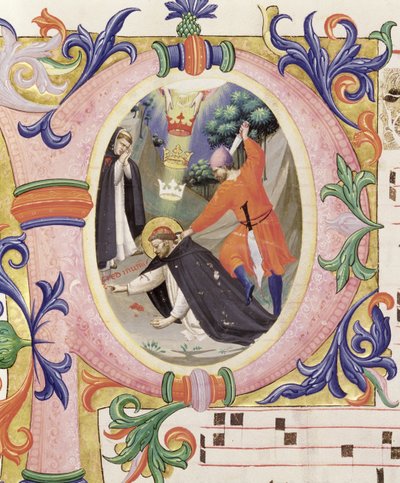 Mszał 558 f.68v Historyczny inicjał „P” przedstawiający zamach na św. Piotra Męczennika autorstwa Fra Angelico