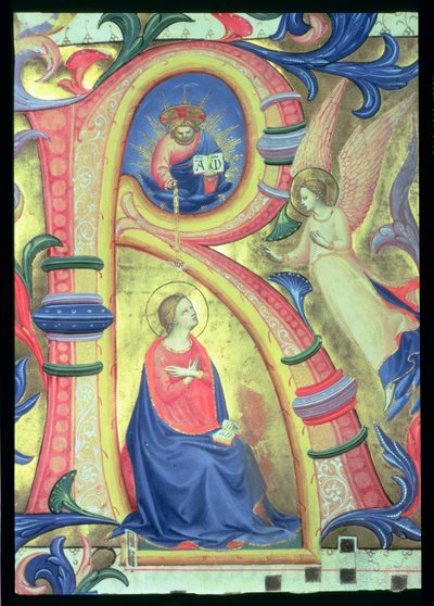 Ms 558 f.33v Zwiastowanie przedstawione w historycznym inicjale R, detal z mszału, wczesne lata 30. XIV w., pergamin 88932 autorstwa Fra Angelico