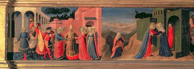 Panel Predella do Zwiastowania przedstawiający Wesele Dziewicy i Nawiedzenie autorstwa Fra Angelico