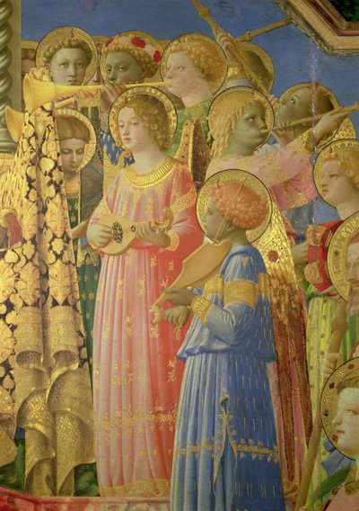Koronacja Dziewicy, detal przedstawiający muzyczne anioły, ok. 1430-32 olej na fragmencie panelu z 60319 autorstwa Fra Angelico