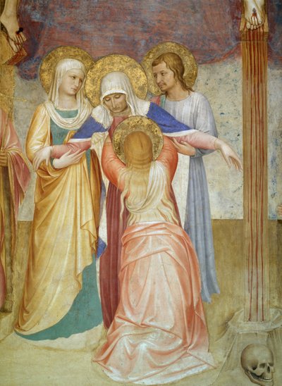 Ukrzyżowanie, fragment Matki Boskiej i asystentek z Domu Kapituły, fresk 1441-42 autorstwa Fra Angelico