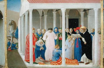 Wskrzeszenie Napoleona Orsiniego przez św. Dominika, z predelli panelu Koronacji Dziewicy, ok. 1430-32 (tempera na płycie) autorstwa Fra Angelico