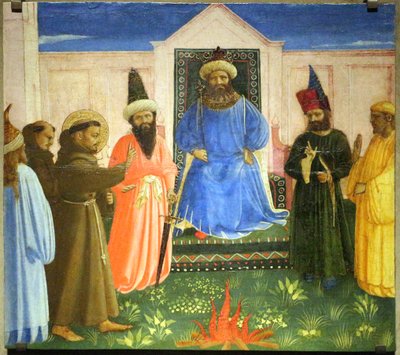 Próba ognia, św. Franciszek oferuje przejście przez ogień, aby nawrócić sułtana Egiptu (Legenda maior, IX, 8). autorstwa Fra Angelico