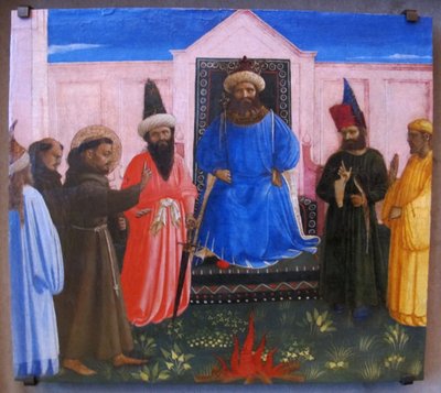 Próba ognia, św. Franciszek oferuje przejście przez ogień, aby nawrócić sułtana Egiptu (Legenda maior, IX, 8). autorstwa Fra Angelico