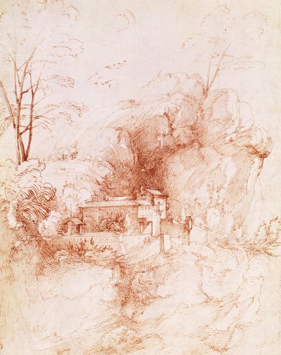 Skalisty krajobraz z klasztorem, rysunek Fra Bartolomeo (1472-1517). autorstwa Fra Bartolomeo