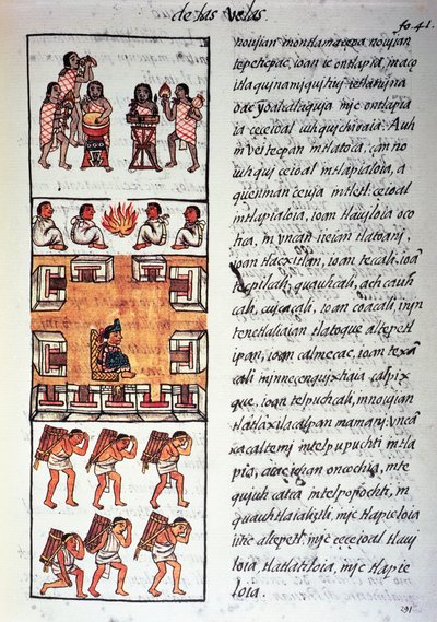 Społeczeństwo Azteków, muzycy, król i kupcy, tekst w języku nahuati, z faksymile rękopisu General History of Things of New Spain, znanego również jako Kodeks florencki, autorstwa Bernardino de Sahagun autorstwa Fra Bernadino da Sahagun