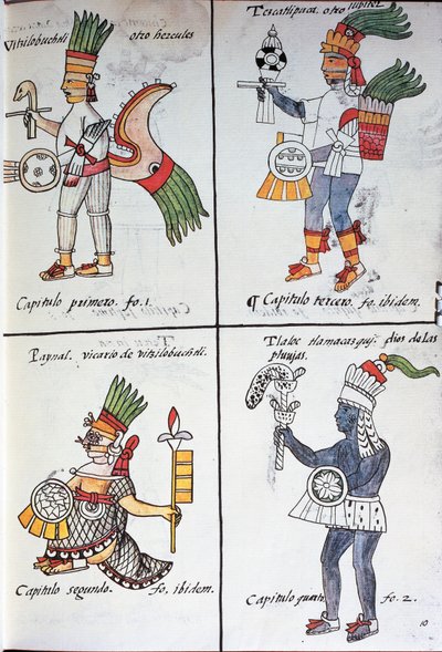 Bogowie starożytnych Meksykanów, Huitzilopochtli, Tezcatlipoca, Tlaloc i Paynal, tekst w języku hiszpańskim, z faksymile rękopisu General History of Things of New Spain, znanego również jako Kodeks florencki, autorstwa Bernardino de Sahagun autorstwa Fra Bernadino da Sahagun