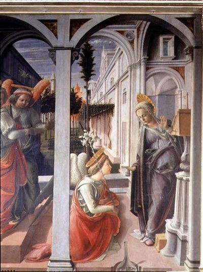 Zwiastowanie, detal przedstawiający Anioła Gabriela i Dziewicę autorstwa Fra Filippo Lippi