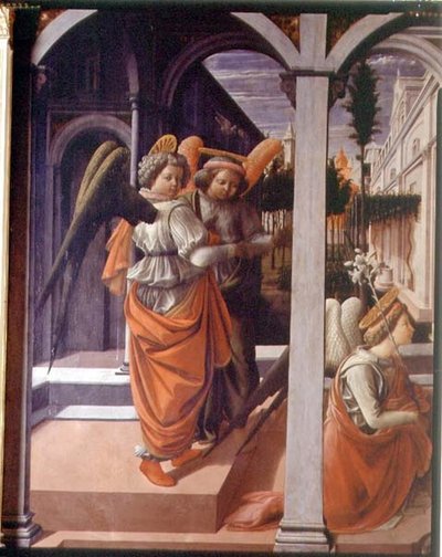 Zwiastowanie, szczegół dwóch aniołów autorstwa Fra Filippo Lippi