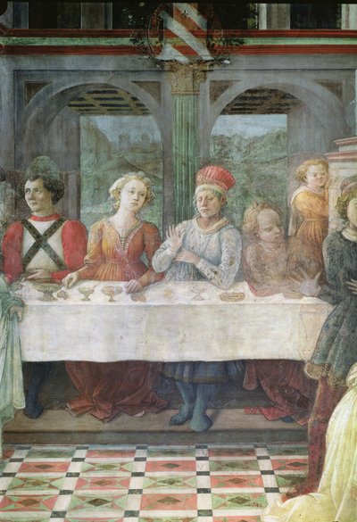 Uczta Heroda: detal postaci przy centralnym stole fresk patrz także 60431 & 60432 autorstwa Fra Filippo Lippi