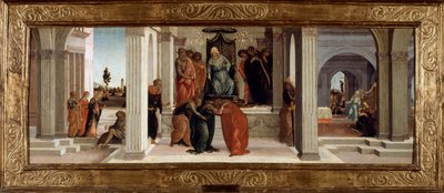 Trzy sceny z opowieści Estery: lament Mardochee (lub Mordechai lub Mordechaj), omdlenie Estery, Aman (Haman) błaga o łaskę. Malowanie na drewnie przez Filipińczyka Lippiego (1457-1504) Ndz. 0,48x1,32 m² autorstwa Fra Filippo Lippi