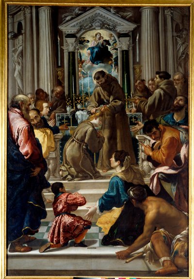 Św. Franciszek z Asyżu (1181-1223) obcina włosy Świętej Klarze (1193-1253). Obraz Semplice De Verona (1589-1654) Ec. Włochy. autorstwa Fra Semplice da Verona