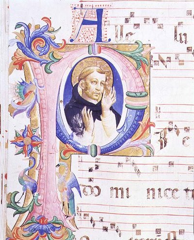 Mszał 558 f.24v Historyczny inicjał „P” przedstawiający męskiego świętego autorstwa Fra and Strozzi Zanobi di Benedetto Angelico
