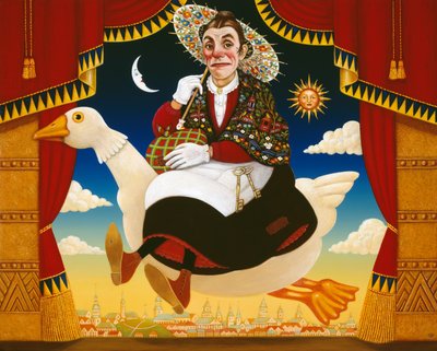 Dan Leno (1860-1904) jako Matka Gęś, 1996 (olej i tempera na panelu) autorstwa Frances Broomfield