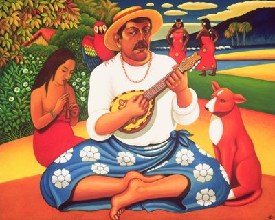 Gauguins Fantasy Island, 2005 (olej i tempera na panelu) autorstwa Frances Broomfield
