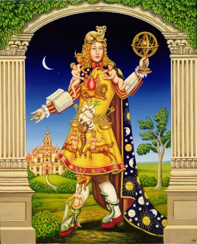 Ogród astrologów, 2000 (olej i tempera na panelu) autorstwa Frances Broomfield