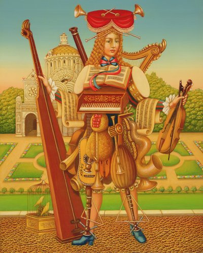 Ogród Muzyków, 1997 (olej i tempera na panelu) autorstwa Frances Broomfield