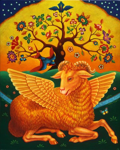 Baran ze złotym runem, 2011 (oleje i tempera na panelu) autorstwa Frances Broomfield