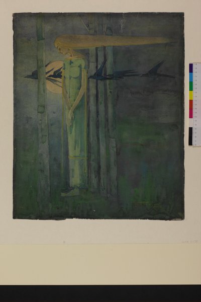 „Zły omen” lub „Dziewczyna na wschodnim wietrze z krukami przechodzącymi przez księżyc” 1893 autorstwa Frances Macdonald