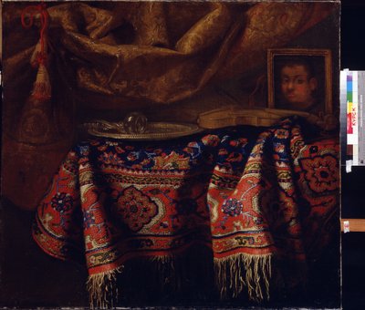 Martwa natura z autoportretem. (Martwa natura z autoportretem). Obraz Francesco Fieravino (między 1610 a 1660). Sztuka włoska, styl barokowy. Regionalna Galeria Sztuki im. A. Deineki, Kursk, Rosja autorstwa Francesco (b.1640) Fieravino