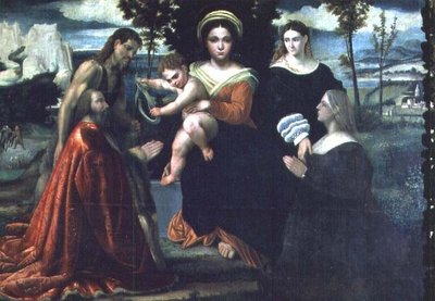 Madonna z Dzieciątkiem na tronie ze świętymi i darczyńcami autorstwa Francesco Torbido