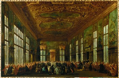 Uroczysty posiłek w Pałacu Dożów w Sali Wielkiej Rady, Doge siedzi w centrum tła ... autorstwa Francesco (circle of) Guardi