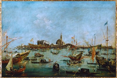Doge, w swojej złotej gondoli, Bucintoro, mija San Niccolo del Lido ... autorstwa Francesco (circle of) Guardi