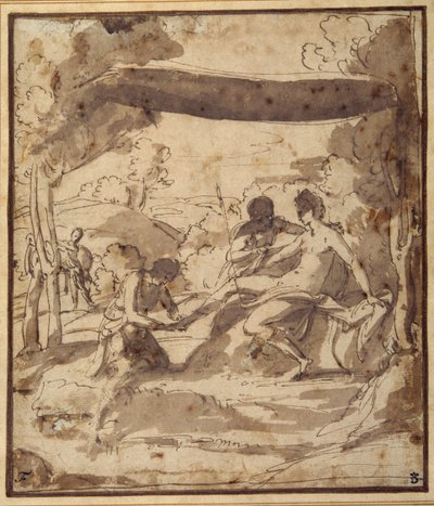 Wenus, leżąca pod rustykalnym baldachimem, z Adonisem zapinającym jej sandał (pióro i atrament z praniem na papierze) autorstwa Francesco Albani