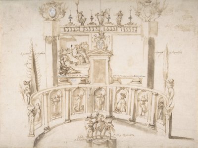 Projekt na festyn ogrodowy z półokrągłą ścianą i posągami w niszach, ok. godz. 1635-79. autorstwa Francesco Allegrini