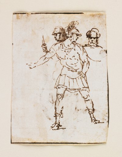 Studium dwóch rzymskich żołnierzy i postaci z brodą (recto); Studium brodatego mężczyzny idącego z kijem (verso) (długopis i brązowy atrament) autorstwa Francesco Allegrini