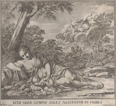 Latona i jej śpiące bliźniaki, Apollo i Diana, w krajobrazie, 1705. autorstwa Francesco Antonio Meloni