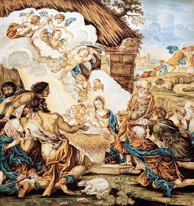 Szopka, malowana płyta z majoliki, Francesco Antonio Xaverio Grue (1686-1746), manufaktura Abruzzo Castelli, Włochy autorstwa Francesco Antonio Xaverio Grue