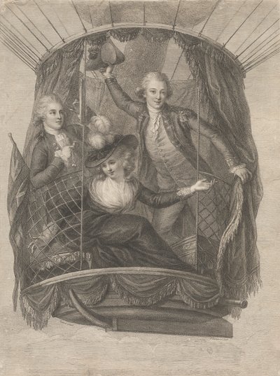 Wniebowstąpienie Madame Sage, Chevaliera Biggina i kapitana Vincenta Lunardiego w balonie, 20 czerwca 1785 autorstwa Francesco Bartolozzi