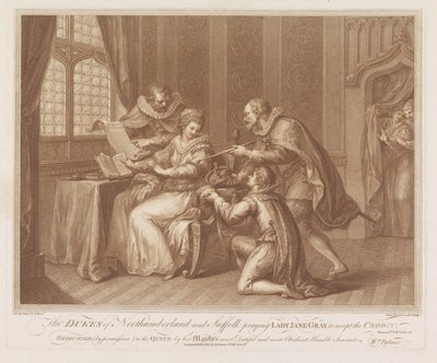Książęta Northumberland i Suffolk proszą lady Jane Gray o przyjęcie korony Książęta Northumberland i Suffolk modlą się do Lady Jane Gray o przyjęcie korony (tytuł na obiekcie) autorstwa Francesco Bartolozzi