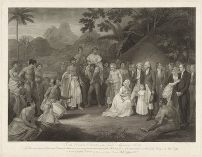 Kapitein James Wilson op het eiland Otaheité Cesja Matavai (na Tahiti) kapitanowi Jamesowi Wilson Cesja dystryktu Matavai na wyspie Otaheite kapitanowi Jamesowi Wilsonowi na użytek misjonarzy wysłanych tam przez to stowarzyszenie autorstwa Francesco Bartolozzi