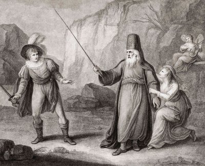 Prospero rozbrajający Ferdynanda. Szekspir. Burza (grawerowanie) autorstwa Francesco Bartolozzi