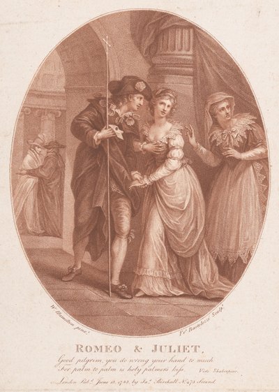Romeo i Julia w Masquerade Shakespeare, Romeo i Julia, Akt 1, Scena 5..., 15 czerwca 1785. autorstwa Francesco Bartolozzi