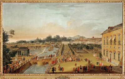 Król Hiszpanii Ferdynand VI i królowa Barbara Braganza oraz ich goście w ogrodach pałacu Aranjuez (obraz na płótnie) autorstwa Francesco Battaglioli