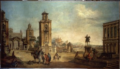 „Scena uliczna w mieście, duży plac z pomnikami” (Widok miasta) Obraz Francesco Battaglioli (wew. venit.) (1722-1790) XVIII-wieczne Muzeum Ermitażu, Sankt Petersburg autorstwa Francesco Battaglioli