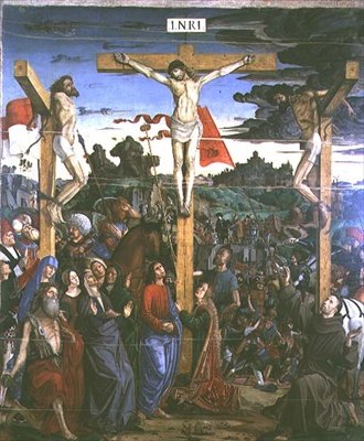 Ukrzyżowanie ze św. Hieronima i św. Franciszkiem (panel) autorstwa Francesco Bianchi Ferrari