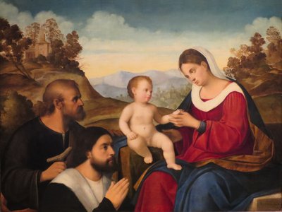 Święta Rodzina z darczyńcą na tle krajobrazu autorstwa Francesco Bissolo